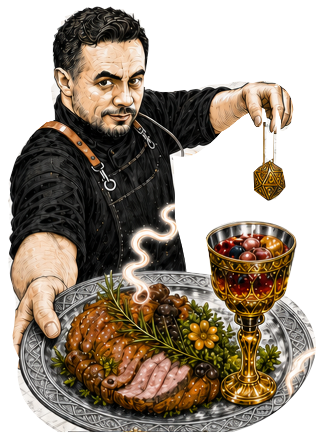 Ilustración original del chef de Feast & Roll ofreciendo un plato y sosteniendo un dado