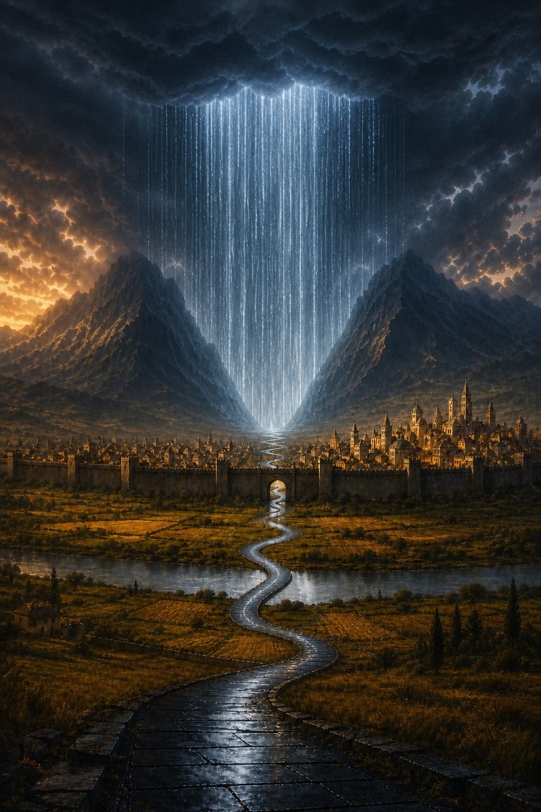 Vista de Asterra bajo una lluvia central, con el camino y la ciudad amurallada entre las montañas